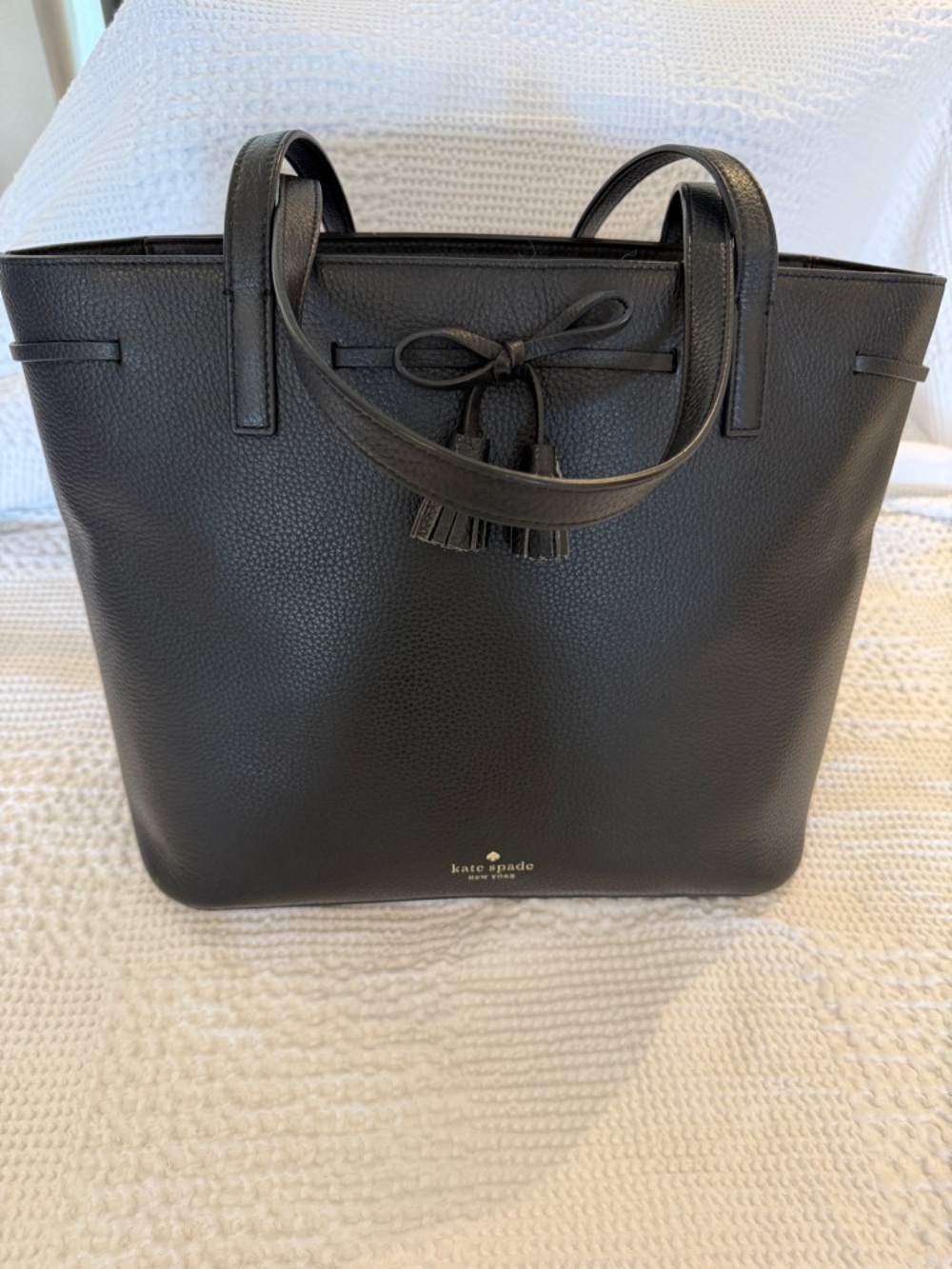 kate spade Black Pebbled Leather Tote with Bow and Tassels